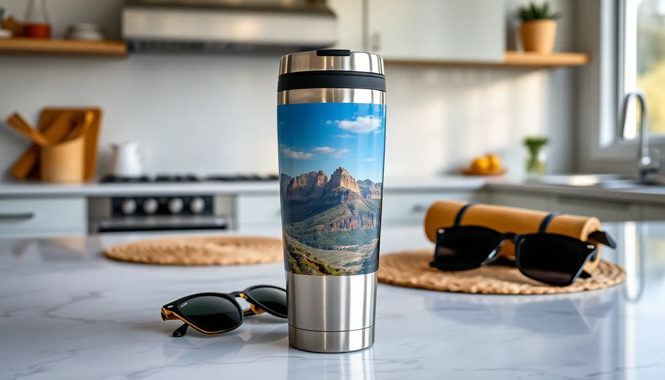 A photo travel mug with a scenic image on a kitchen countertop.