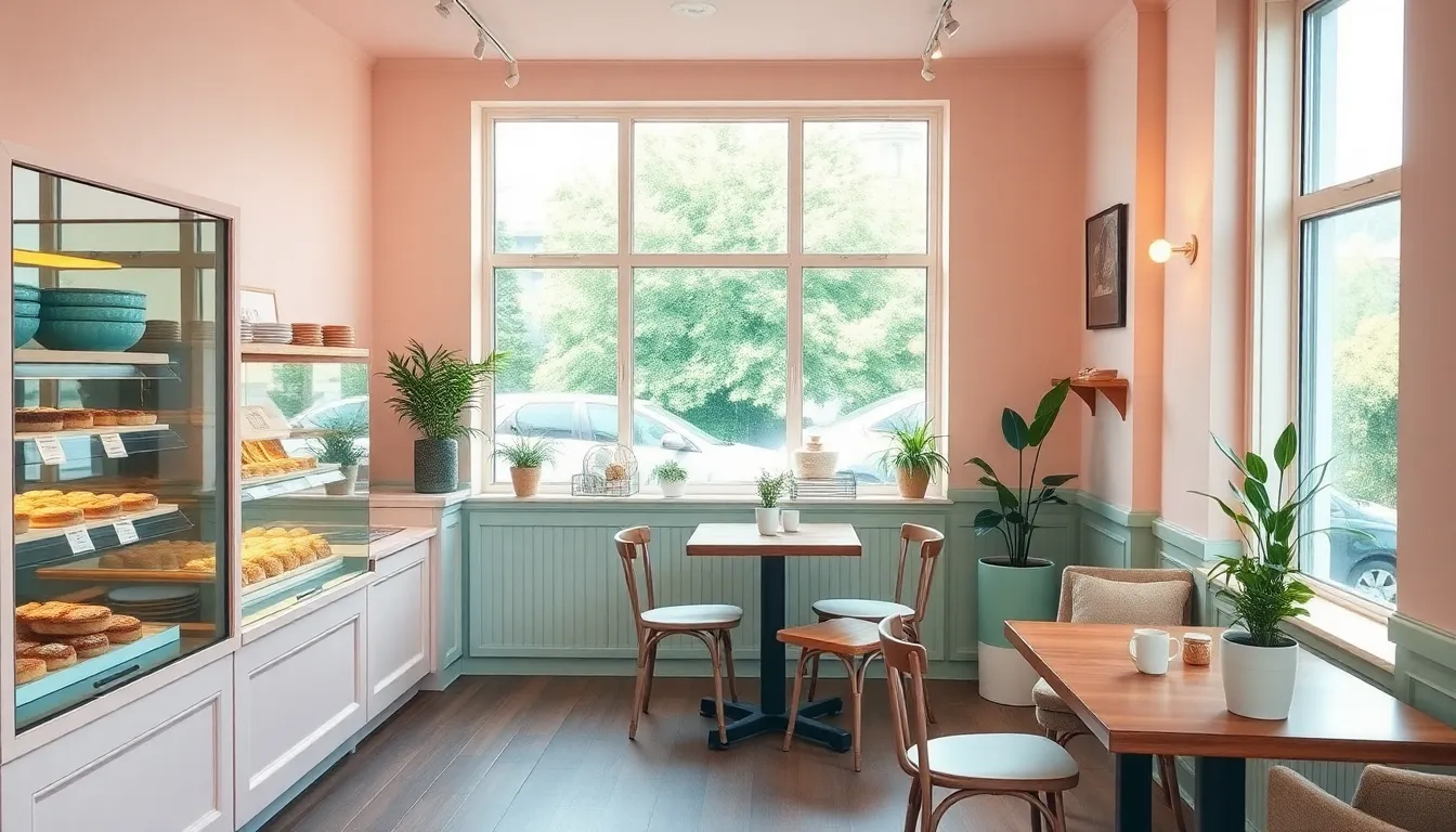 cozy small bakery interior with pastel colors and natural light.