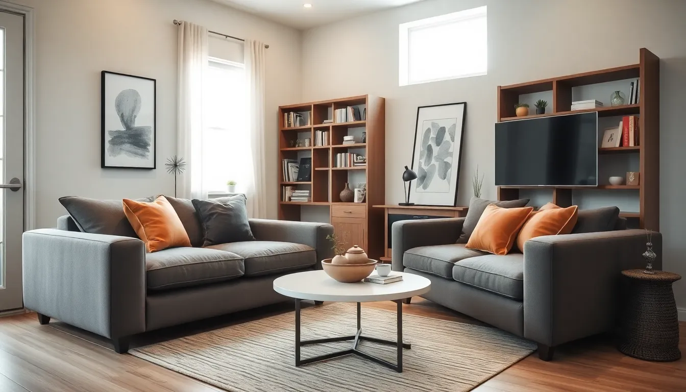 stylish small house interior with multifunctional furniture and warm lighting.