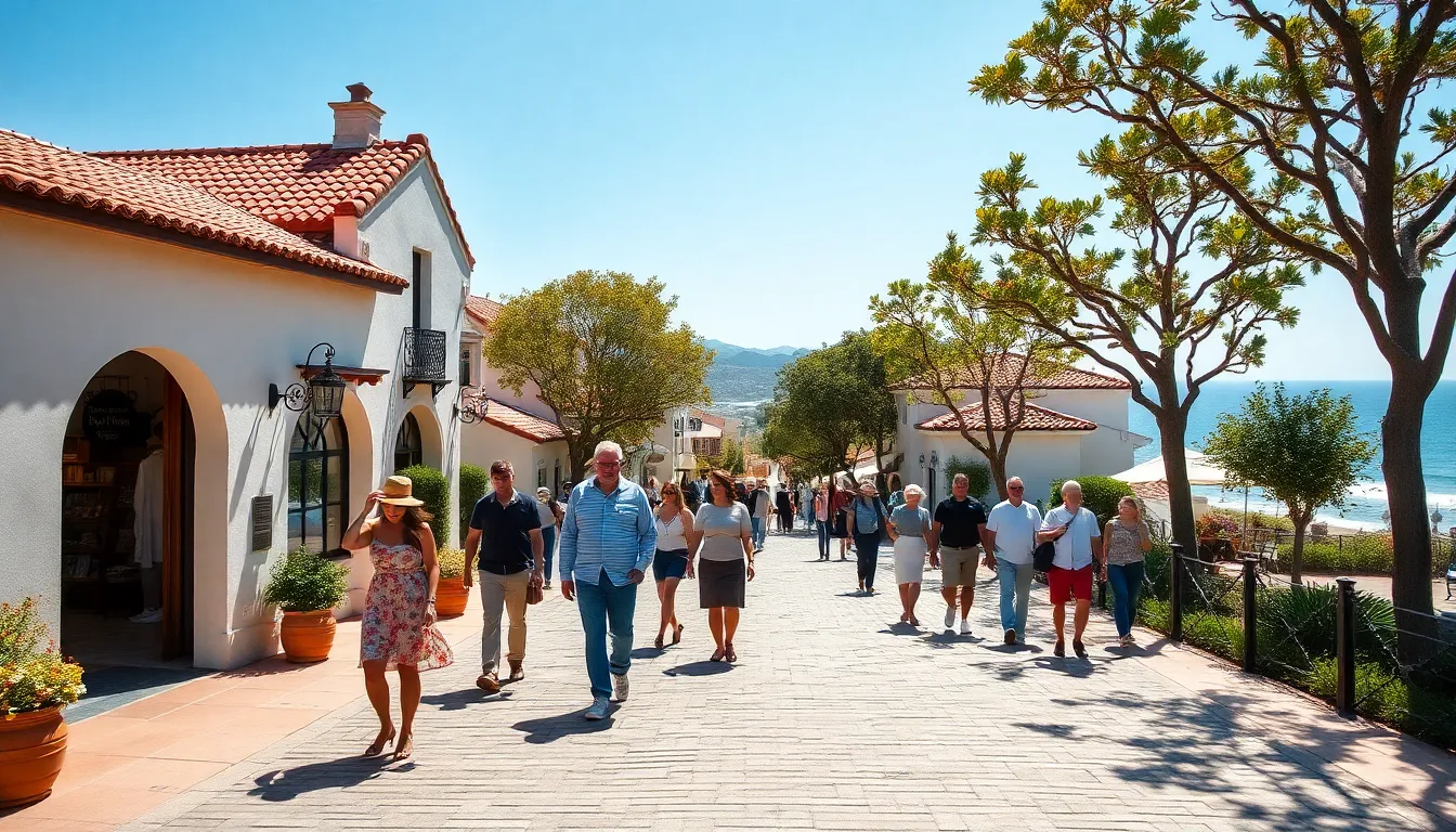 Tourists exploring beautiful Montecito Village with coastal views.