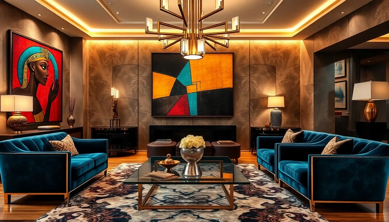 luxurious art deco interior with bold patterns and opulent decor.