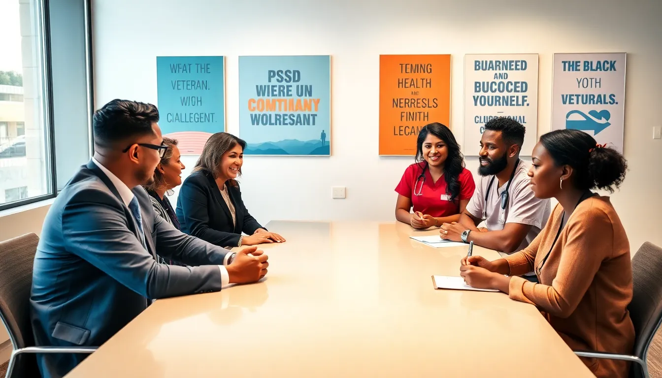 diverse group discussing PTSD compensation success stories in a modern office.